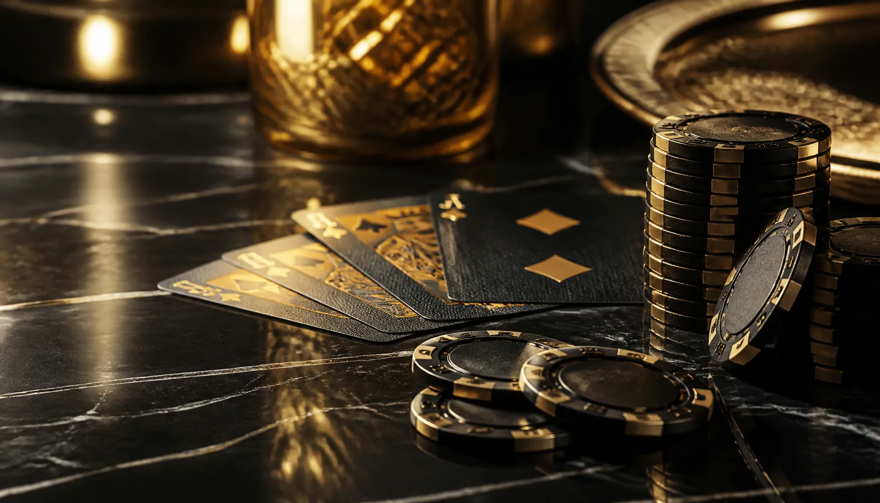 Close-up of ornate golden coins and precious gemstones on a dark velvet surface with warm cinematic lighting