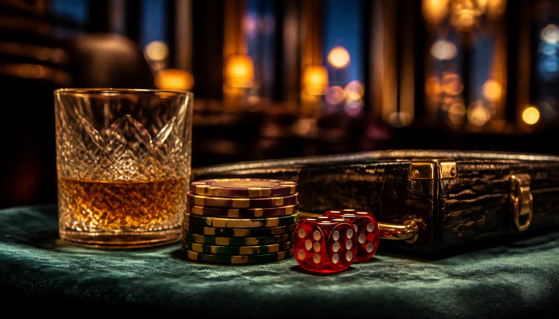 Close-up of ornate golden coins and precious gemstones on a dark velvet surface with warm cinematic lighting