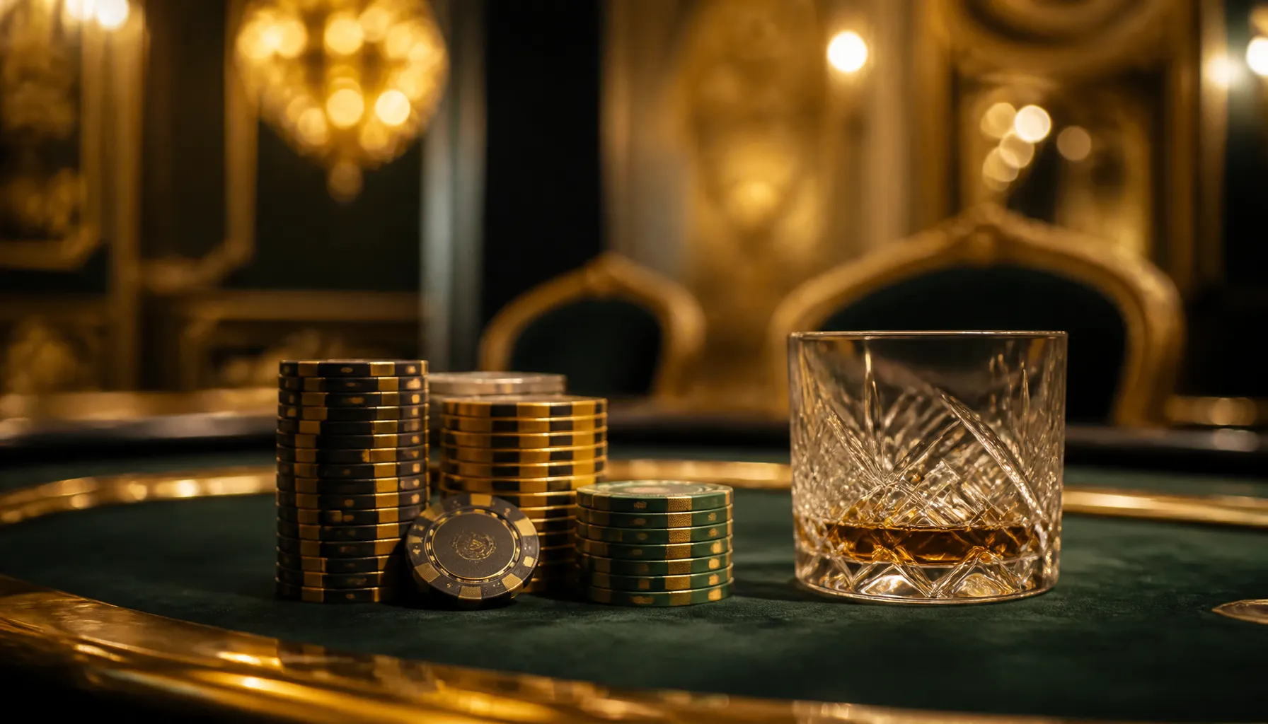 Close-up of ornate golden coins and precious gemstones on a dark velvet surface with warm cinematic lighting