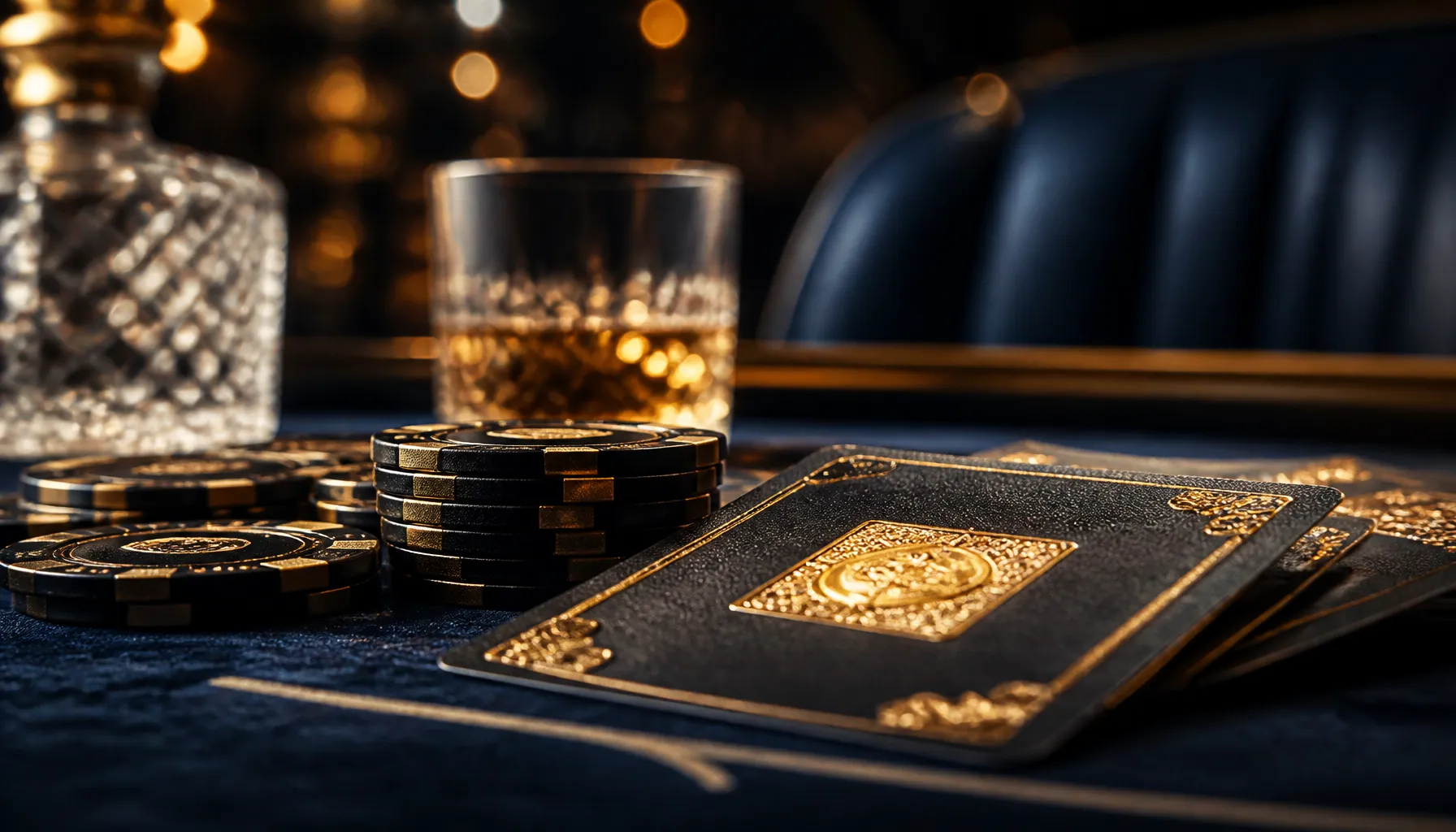 Close-up of ornate golden coins and precious gemstones on a dark velvet surface with warm cinematic lighting