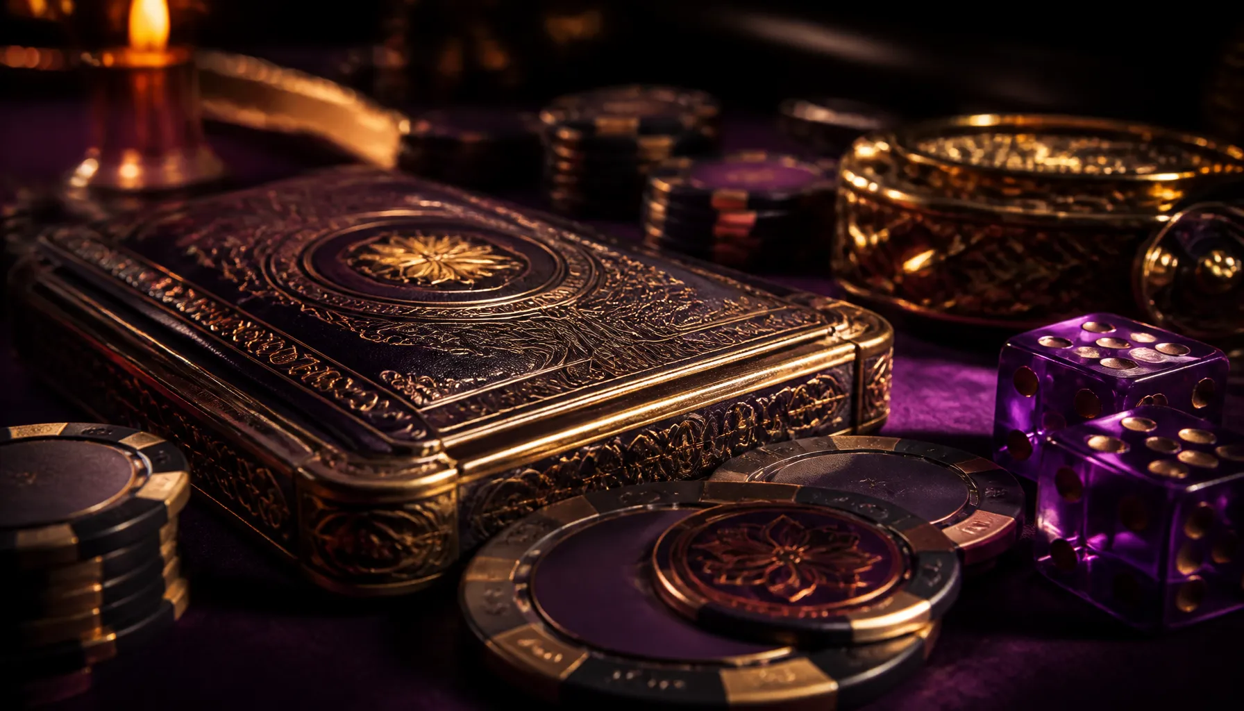 Close-up of ornate golden coins and precious gemstones on a dark velvet surface with warm cinematic lighting