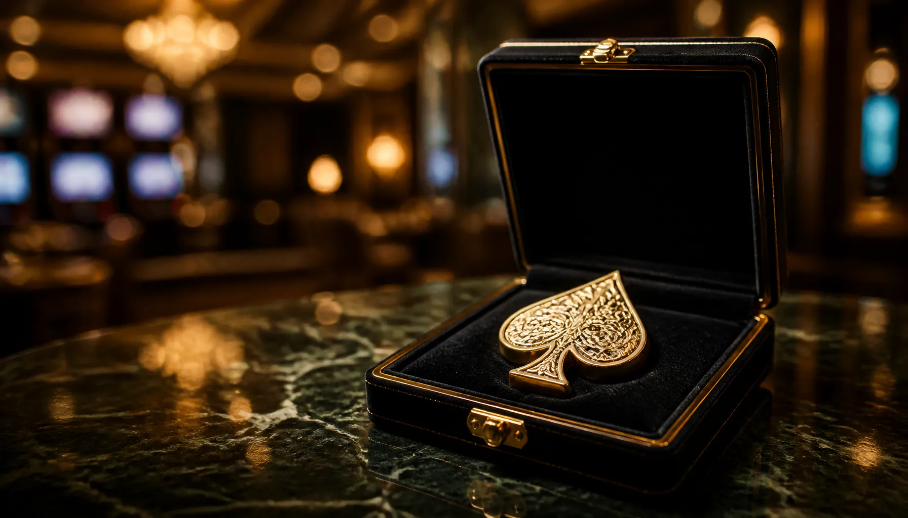 Close-up of ornate golden coins and precious gemstones on a dark velvet surface with warm cinematic lighting